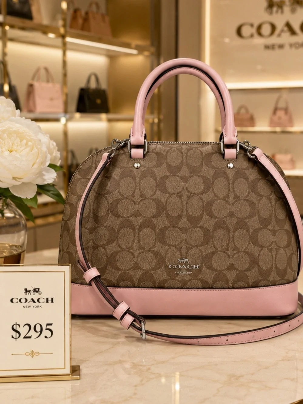 Coach Mini Sierra Satchel in Signature Canvas with Pink Leather Trim
